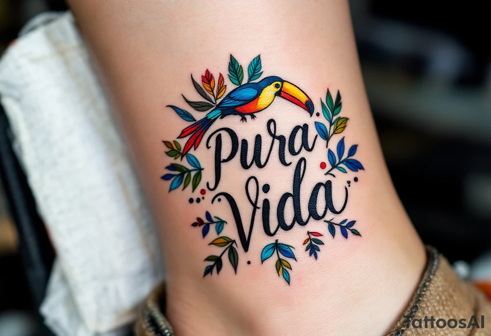 Calligraphic “Pura Vida” framed by a colorful toucan with vibrant yellow, red, and deep blue feathers. tattoo idea