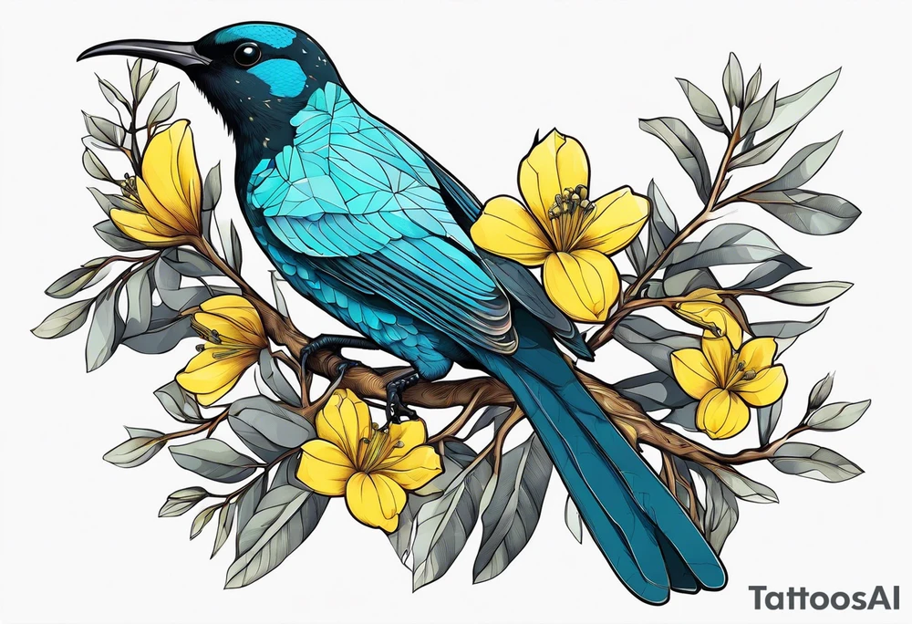 Tui bird in Kowhai tree tattoo idea