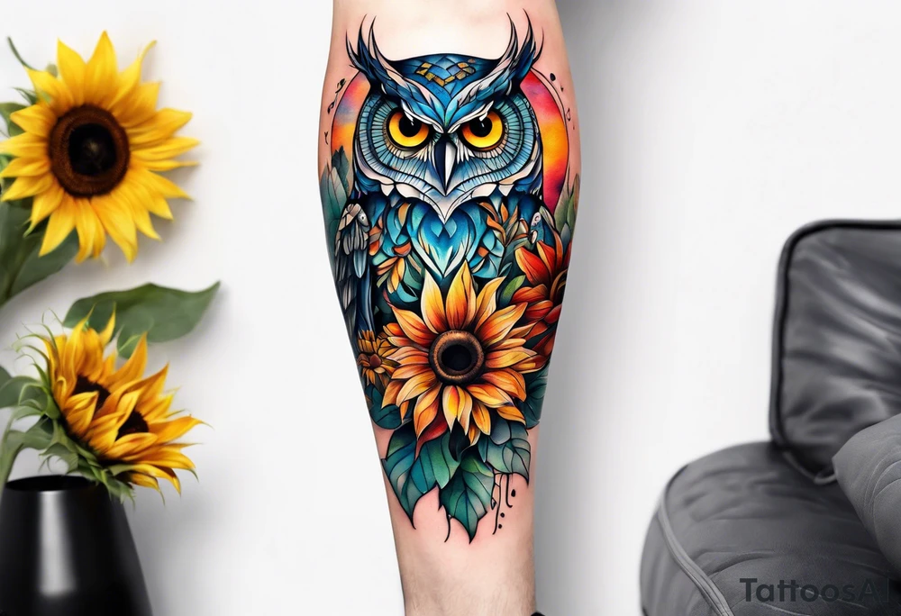 Leg sleeve with colorful sunflowers and an owl tattoo idea