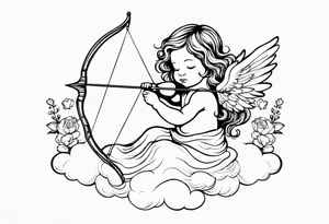 baby renaissance angel on cloud, long hair with flowers, holding bow and arrow, celestial, ethereal tattoo idea