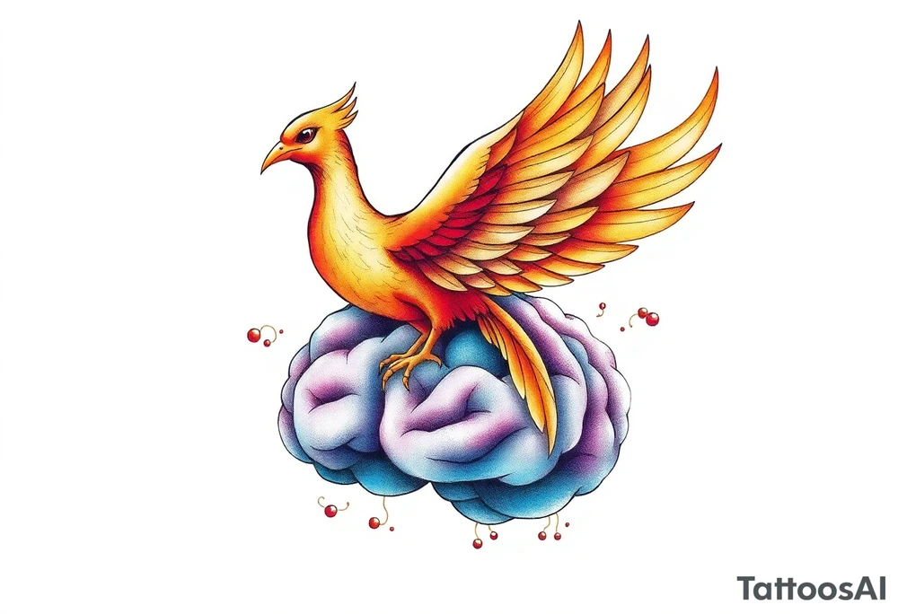 A phoenix flying out of a brain colorful tattoo idea