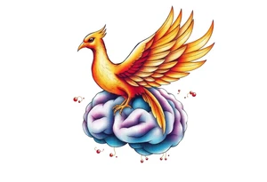 A phoenix flying out of a brain colorful tattoo idea