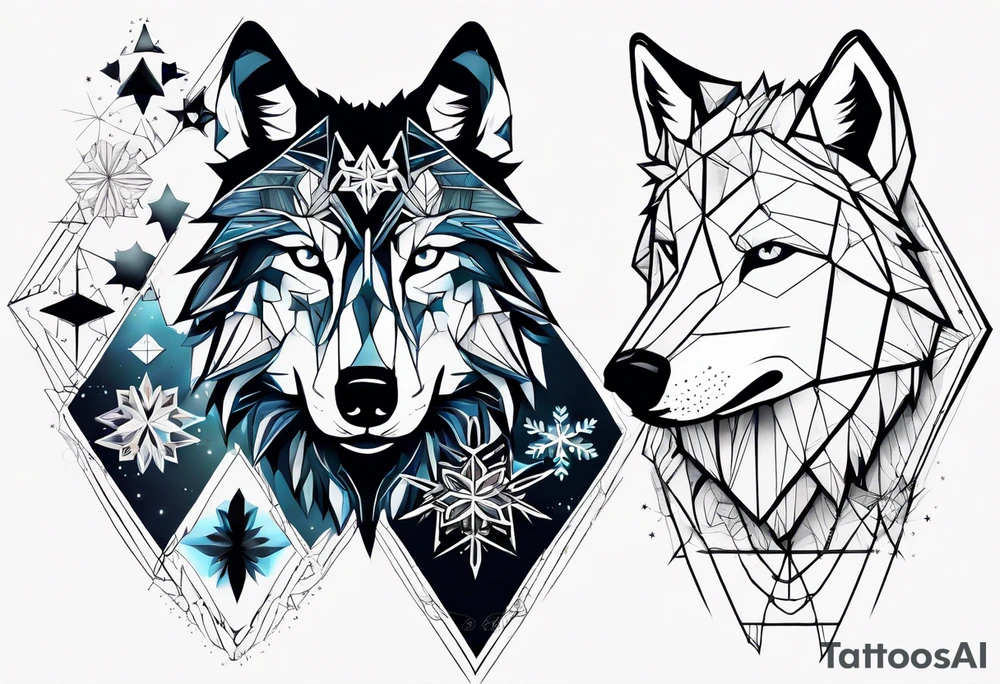 Constellation, two animal wolf, géométric, snowflake tattoo idea