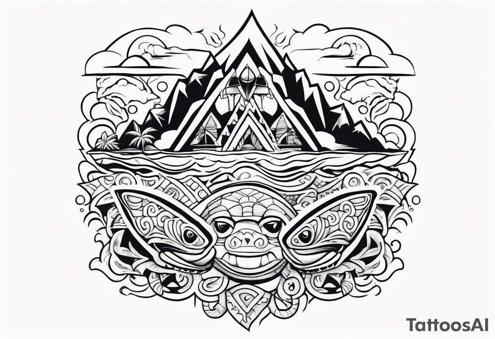 a Polynesian island 3 faced tiki surrounded by a shark, a turtle in an underwater ocean setting tattoo idea