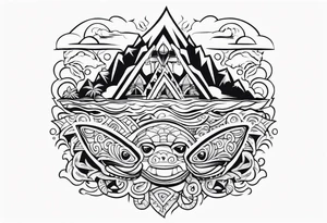 a Polynesian island 3 faced tiki surrounded by a shark, a turtle in an underwater ocean setting tattoo idea