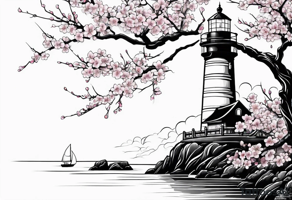 cherry blossom with lighthouse tattoo idea