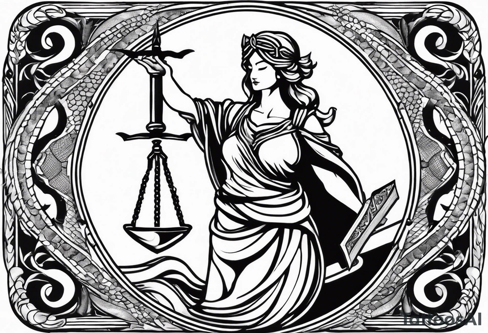 Back and gray blindfolded lady justice with a sword in her right hand and scales in her left hand standing on a book and a snake tattoo idea