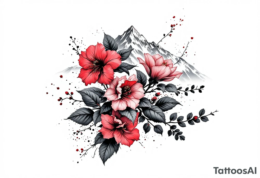 vertical wrist size red  and black rhododendron trippy with Himalayas behind tattoo idea