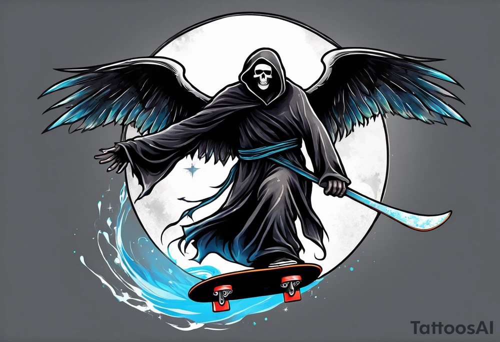 the grim reaper riding a skateboard with an angel halo above his head tattoo idea