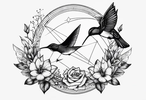 Line of symbols, double triangle, unclosed delta, crescent moon, hummingbird tattoo idea