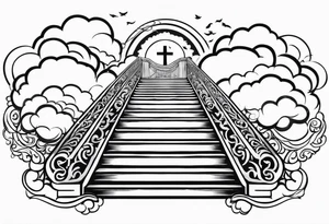 A heavenly stairway to heaven with clouds with a cross with two doves tattoo idea