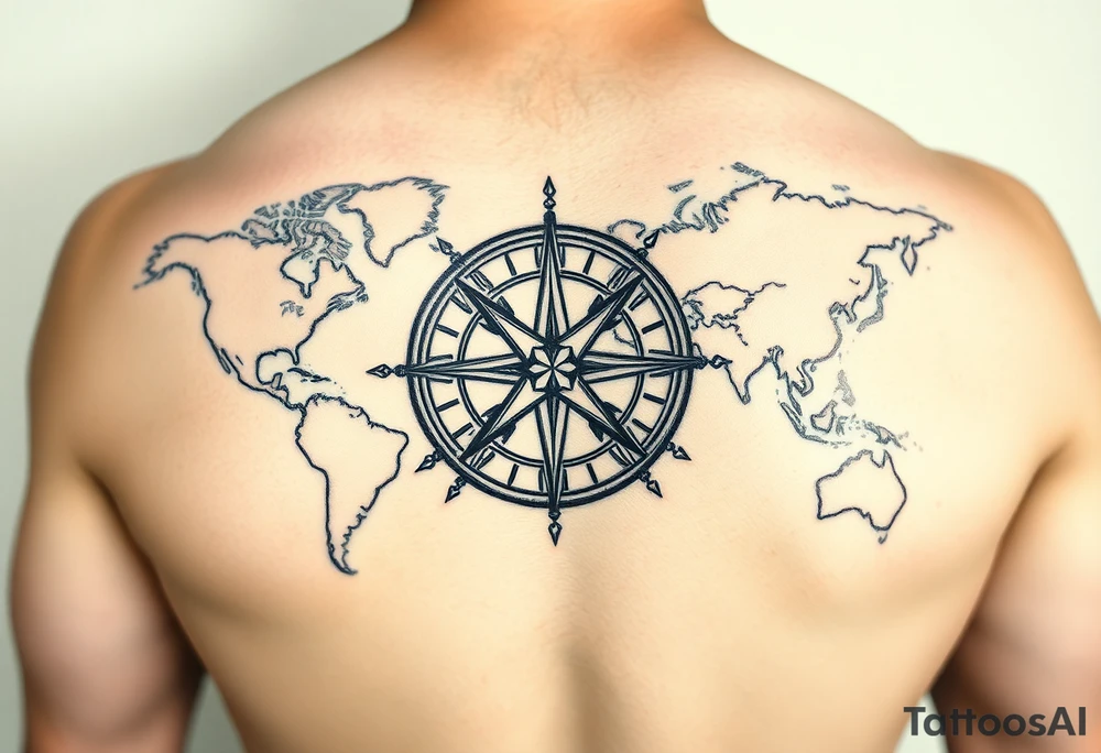 antique compass rose overlaid on weathered world map with sailing ships tattoo idea