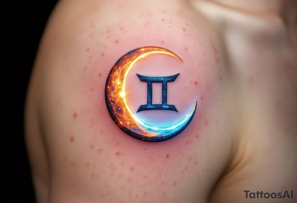 A crescent moon with a glowing Gemini symbol in the center, accented with oranges, blues, and shimmering whites. tattoo idea
