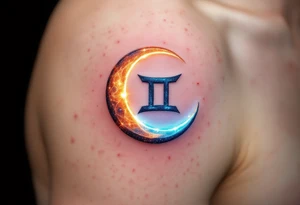 A crescent moon with a glowing Gemini symbol in the center, accented with oranges, blues, and shimmering whites. tattoo idea