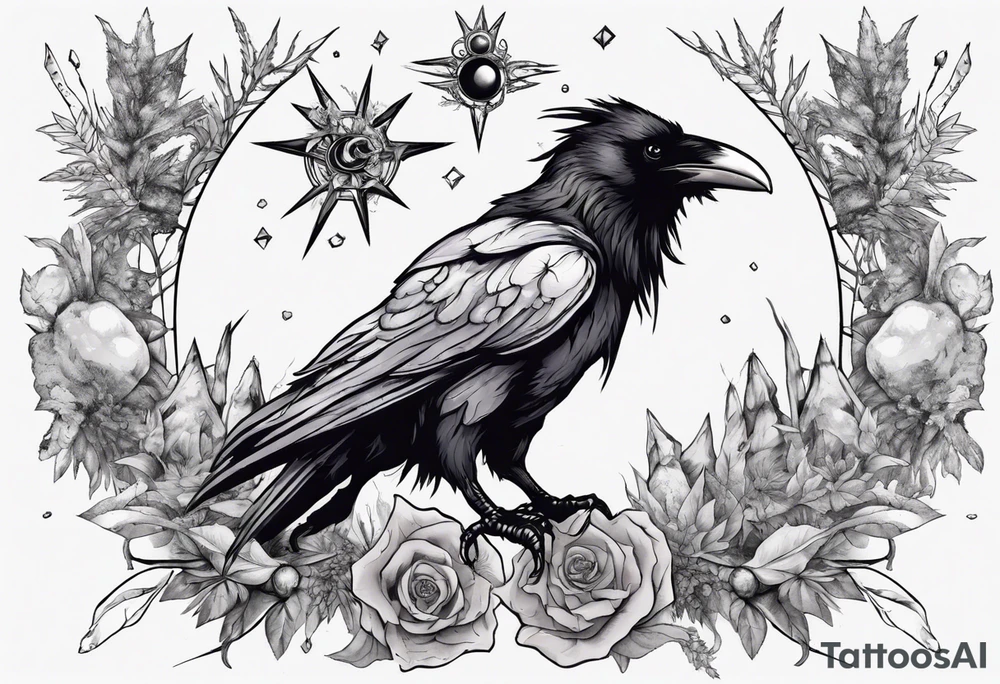 Demon crowned raven surrounded by poisonous plants, crystals and astrology. tattoo idea