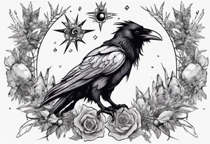 Demon crowned raven surrounded by poisonous plants, crystals and astrology. tattoo idea