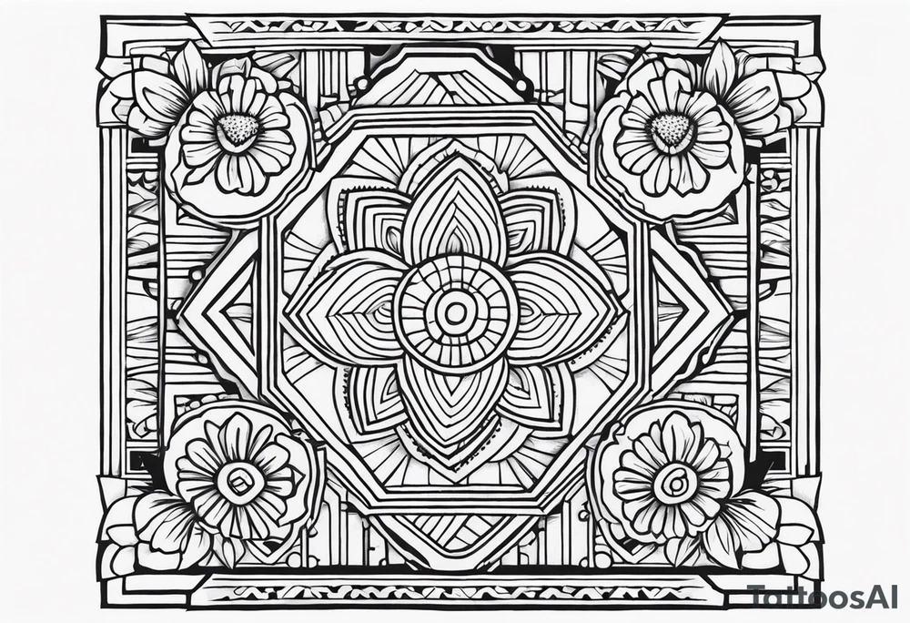 Create a masculine aztec tattoo design carved in stone featuring three flower buds of Gypsophila spp. tattoo idea