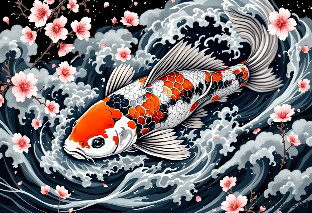 Koi carp swimming upstream through swirling water and cherry blossom petals – A strong, elegantly detailed koi with shimmering orange, white, and black scales, leaping against a backdrop of deep blue waves. Surrounding the koi are soft pink cherry blossoms drifting in the current, and gray mist clouds curling around the water for a dynamic, powerful composition. tattoo idea