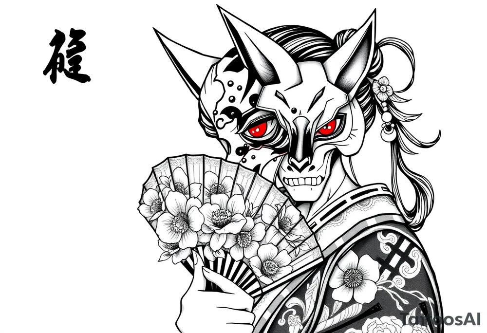 Woman samurai with red eyes wearing an half and broken kitsune mask, holding a japanese fan with belamcada flowers tattoo idea
