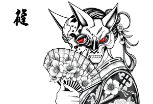 Woman samurai with red eyes wearing an half and broken kitsune mask, holding a japanese fan with belamcada flowers tattoo idea