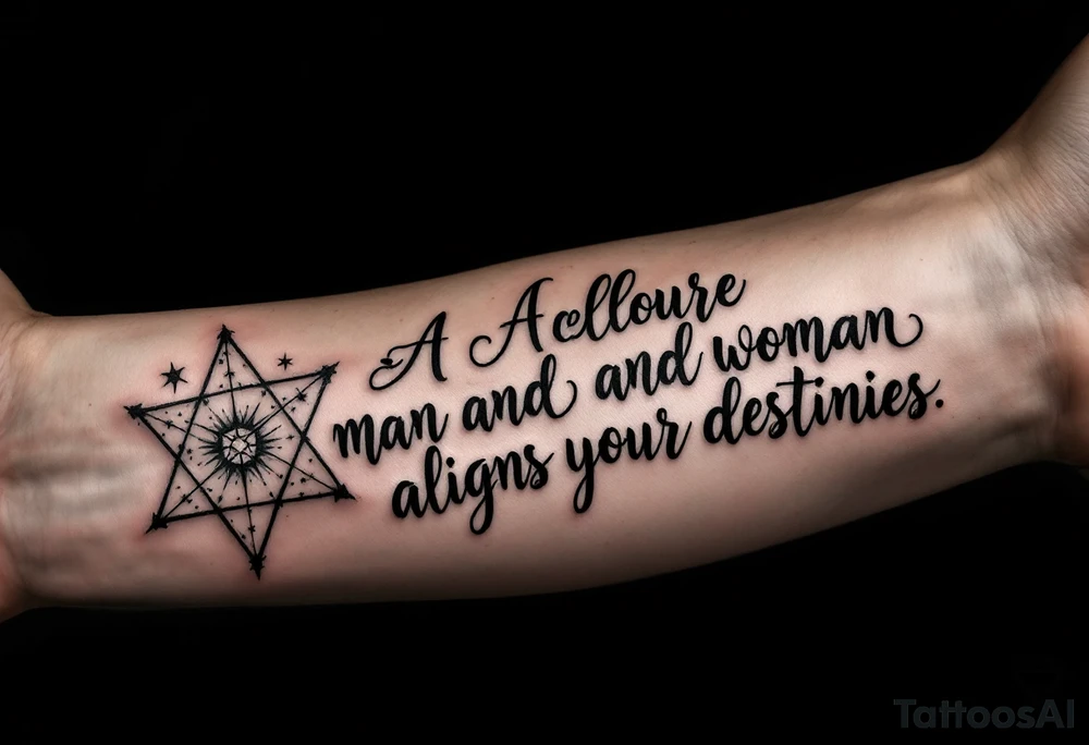 A split celestial star map in black and white across man and woman forearms aligns your destinies. tattoo idea