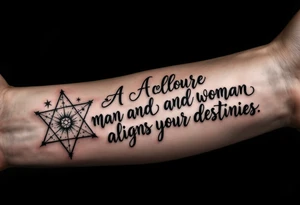 A split celestial star map in black and white across man and woman forearms aligns your destinies. tattoo idea