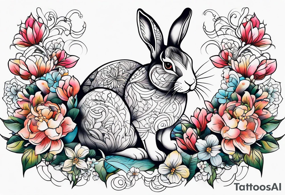 Rabbit and flowers tattoo idea