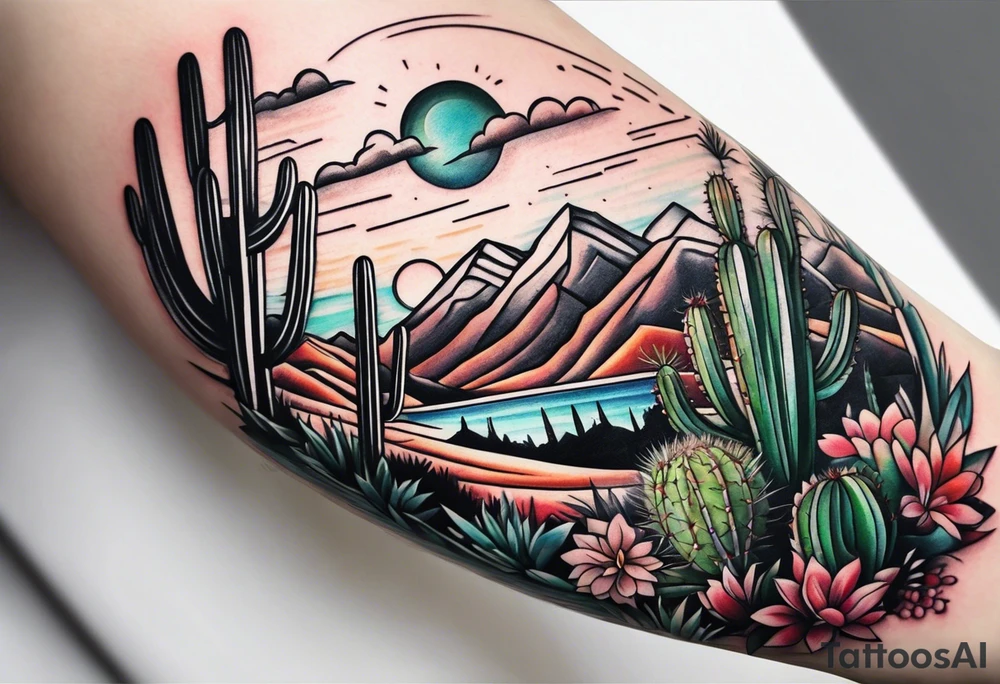 Mountains,  cactus,  forearm tattoo idea