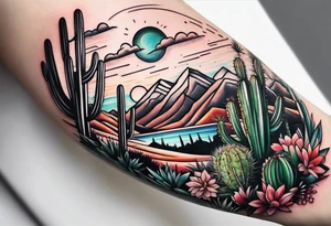 Mountains,  cactus,  forearm tattoo idea