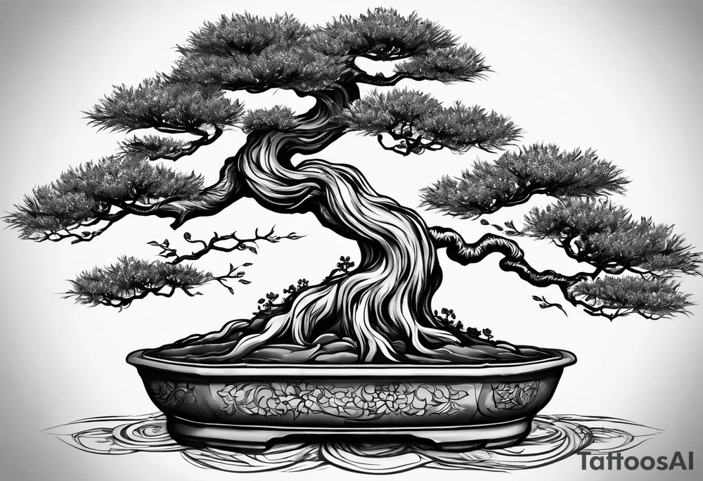 Zalazak sunca ispod kojega se nalazi drvo bonsai tattoo idea