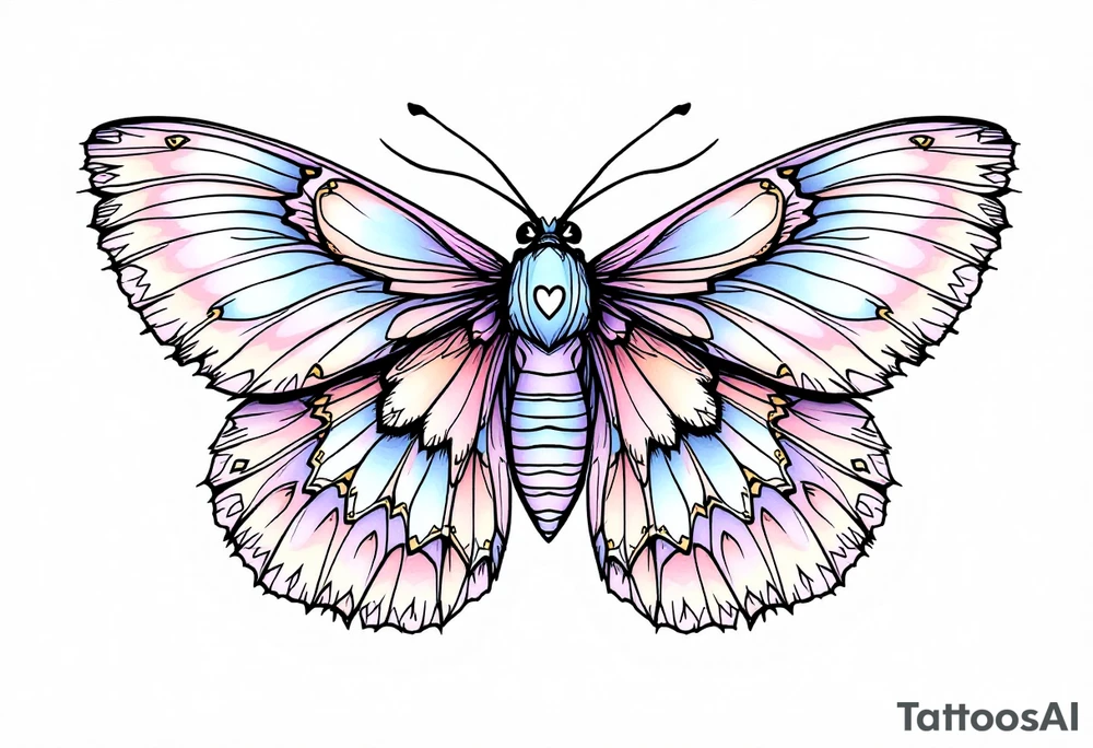A delicate moth with intricately patterned wings, adorned with soft pastel hues of lavender, pale pink, and light blue. The wings are outlined in fine black ink to accentuate the details, with small golden accents at the tips of the wings, symbolizing enlightenment and transformation. In the center of the moth’s body, a small heart-shaped symbol is subtly integrated, representing love. tattoo idea