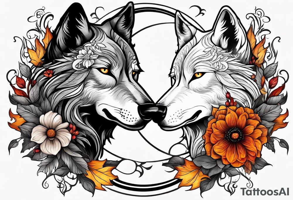good wolf and bad wolf. Ying Yang style. Good wolf with flowers, autumn style. Bad wolf with fire and thorns. tattoo idea
