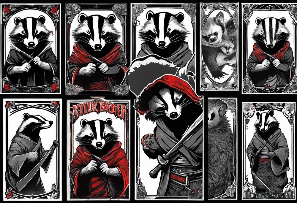 Draw me psychopath Badger/Warrior with aggressive full body, killer face with a smile, very long nails and he attacks like a Bloody Warrior to us and also, he has very deadly looking. He fights with his nails. Everybody scares after their first sight. Give me horror type Badger Tattoo. I want to see his full body. tattoo idea