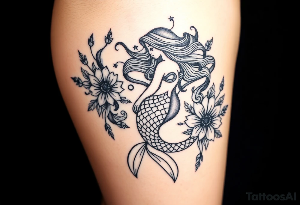mermaid with flowing hair among coral and sea flowers and snakes tattoo idea