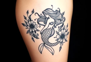mermaid with flowing hair among coral and sea flowers and snakes tattoo idea