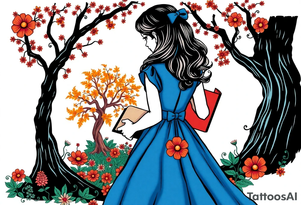Alice (from Alice in wonderland) silhouette wearing a blue dress. Perspective from the back. She is caring a book, entering a garden with flowers and an orange tree tattoo idea
