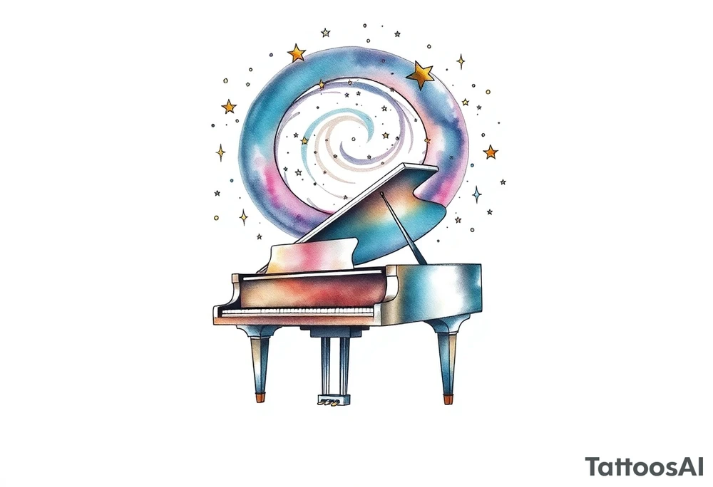 a grand piano under a swirl of stars tattoo idea