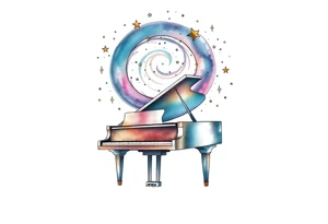 a grand piano under a swirl of stars tattoo idea