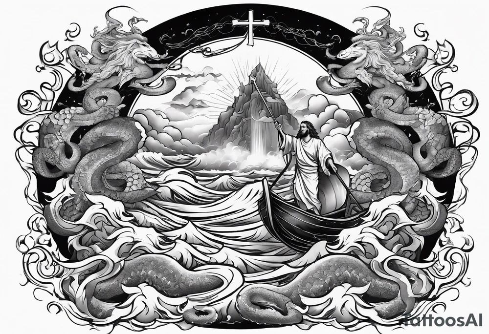 Almighty Jesus Christ descending from Heaven to destroy a powerful Serpent in the ocean tattoo idea