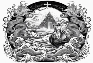 Almighty Jesus Christ descending from Heaven to destroy a powerful Serpent in the ocean tattoo idea