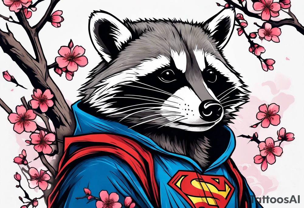 Raccoon wearing a Superman hoodie and Japanese cherry blossoms tattoo idea