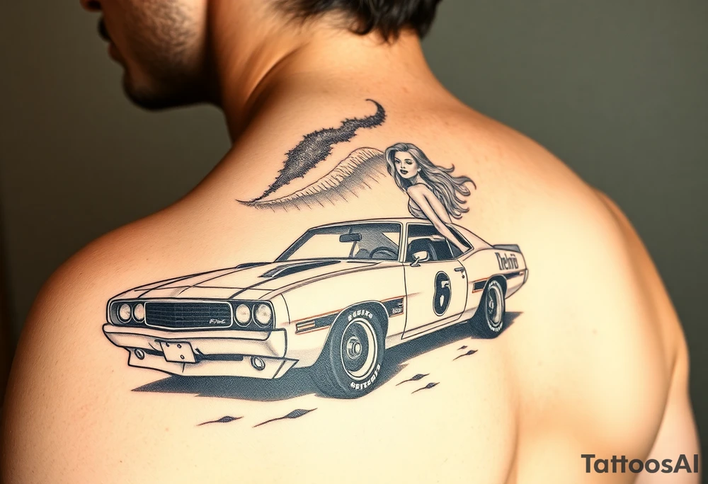 I want arm sleeve that starts with a beach with dale Earnhardt car on the beach with a hot blonde 80’s girl with big hair on the hood. Then an ocean with big waves then a big dark sky with the Milky Way in it and Jimi Hendrix Stratocaster in the sky tattoo idea