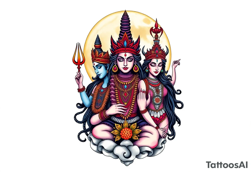 Lord Shiva, Godess Kali, Godess Lilith Together with the moon in the background tattoo idea
