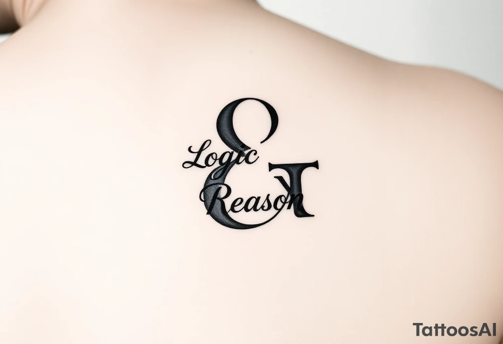 A blackwork tattoo featuring a highly stylized ampersand (&) as the focal point. The words 'Logic' and 'Reason' are subtly integrated within the curves of the ampersand, using a modern serif font. The design is minimalist but bold, with clean lines and high contrast. Legibility of the words is key, and the ampersand should feel artistic and symbolic—representing balance, intellect, and clarity. Suitable for a forearm or upper arm tattoo. tattoo idea