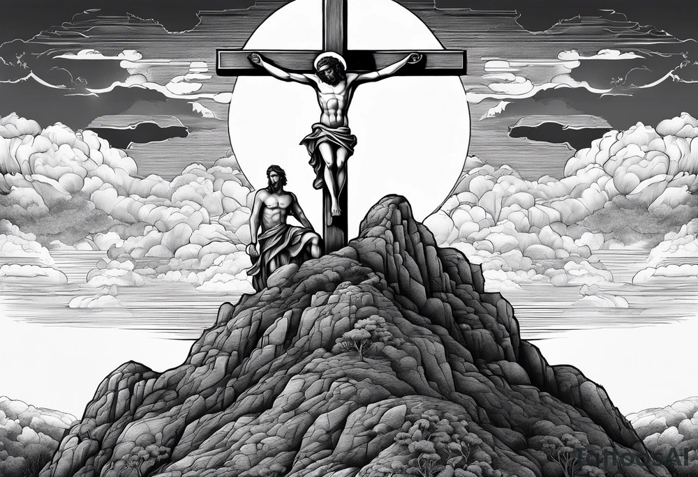 3 people crucified on a hill facing west tattoo idea