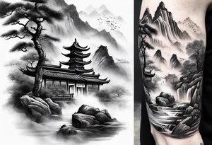 forearm sleeve traditional chinese art painting style mountains mist fog waterfall Chinese temple two old men wearing robes and drinking tea tattoo idea