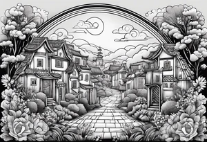 night ancient town far away  garden many small houses gate entrance 
 in circle vignette surrounded by clouds floral tattoo idea