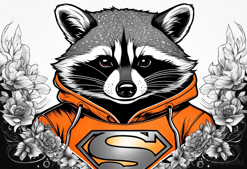 Raccoon wearing an orange Superman hoodie tattoo idea