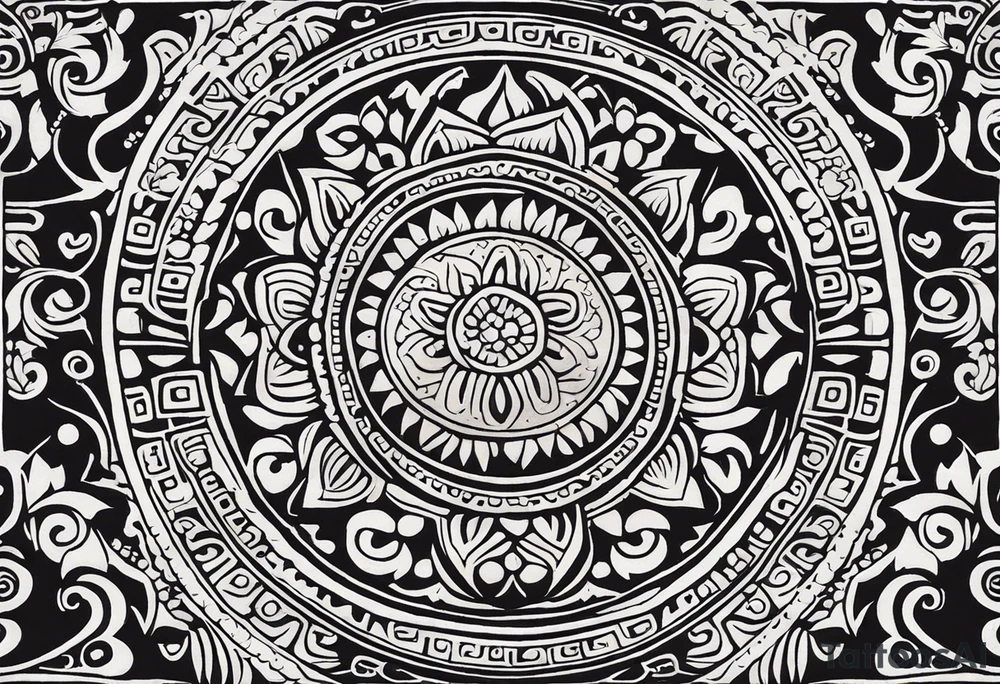 Create a masculine mayan tattoo design carved in stone featuring three flower buds of Gypsophila spp. The design should incorporate sharp, geometric patterns inspired by ancient Mayan glyphs and carvings, emphasizing strength and symmetry. The flower buds should be stylized with angular, bold lines, set within intricate, sacred Mayan motifs. The overall design should evoke harmony and balance, symbolizing the calming frequency of 432 Hz through symmetrical and flowing element tattoo idea