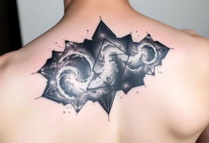 galaxy that covers the upper middle back and is geometric that also uses negative spaces to create a nebula tattoo idea